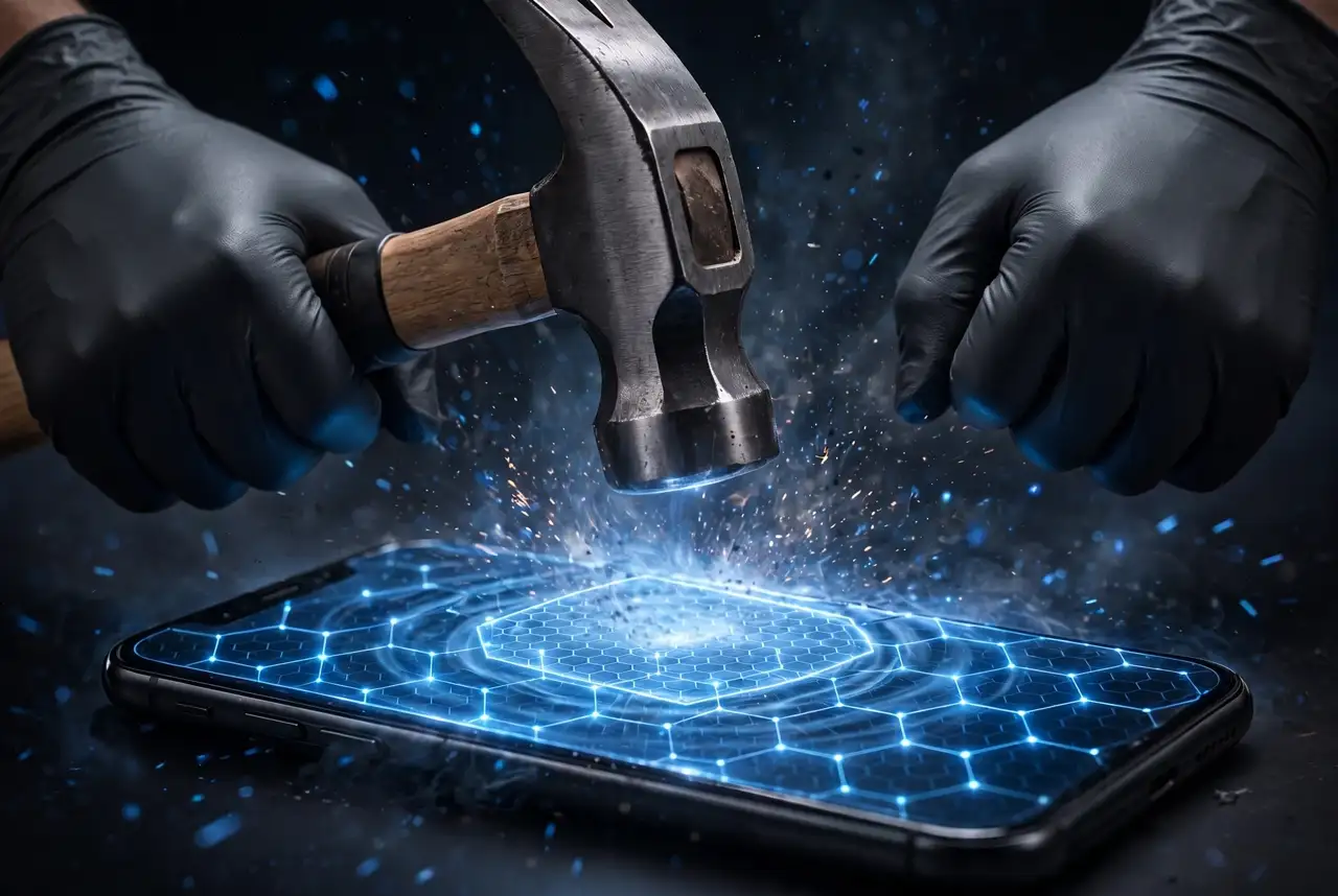 Martillo golpeando una pantalla protegida con blindaje de nanotecnología líquida Blindamex